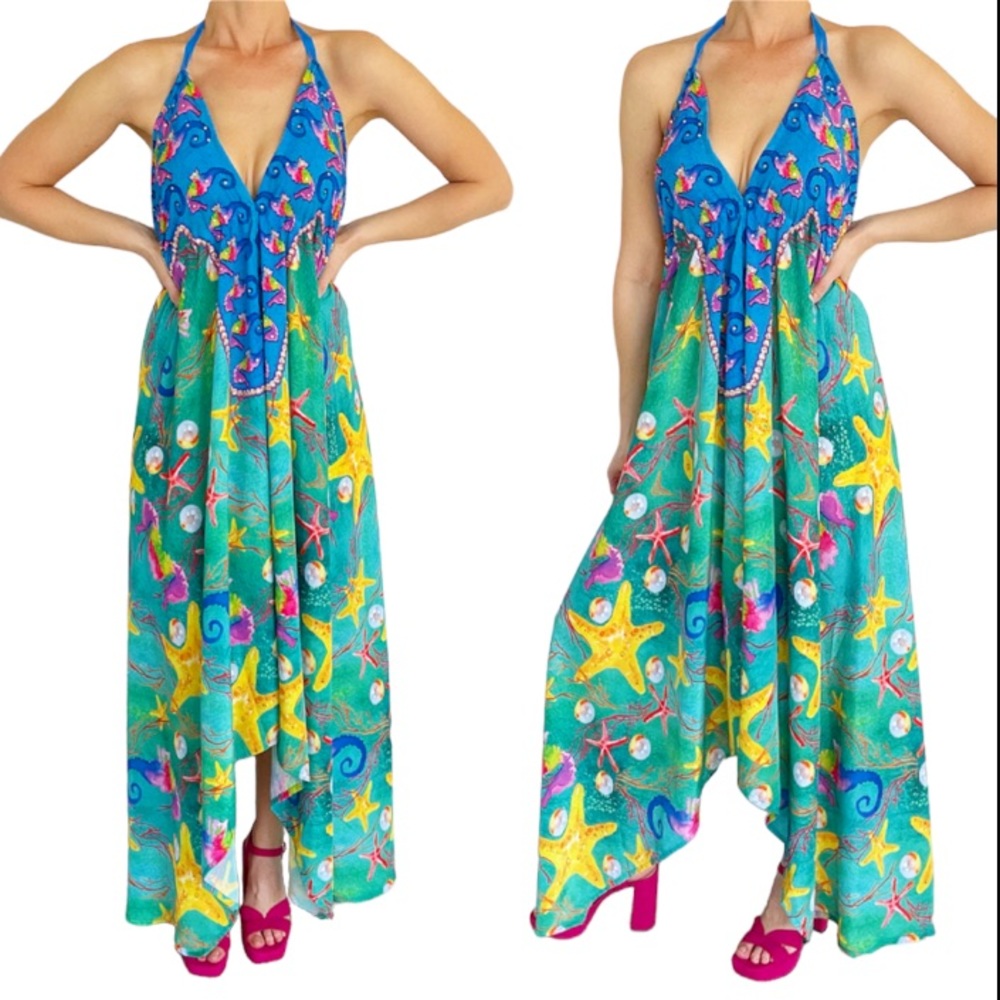 Handmade tropical mermaid print adjustable backless silky halter dress one size